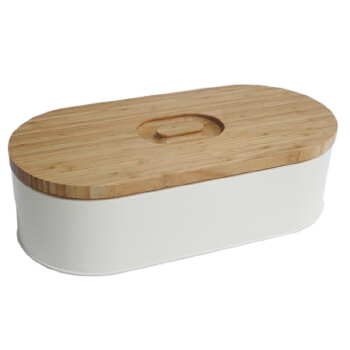 Vintage Oval White Color Coated Steel Bread Storage Box With Bamboo Lid 